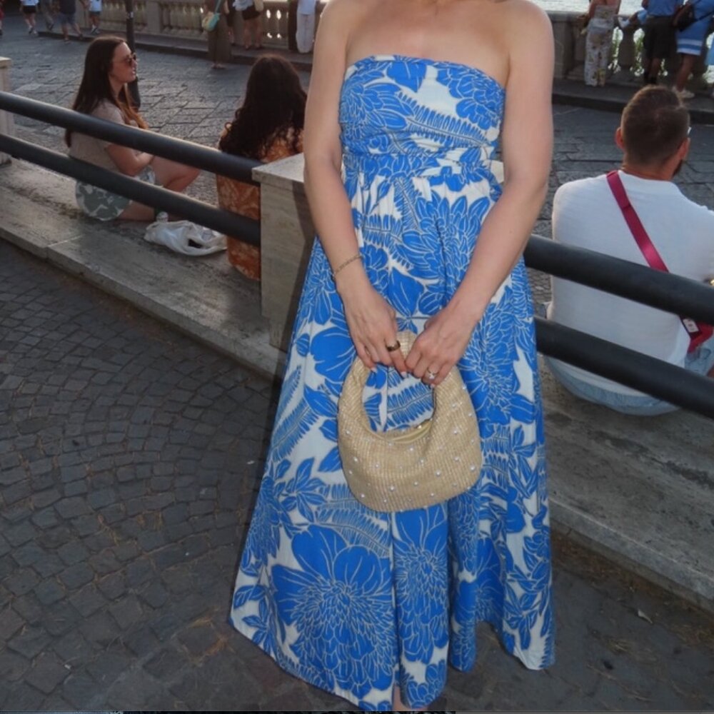 Boutique - Blue Midi Floral Strapless Dress